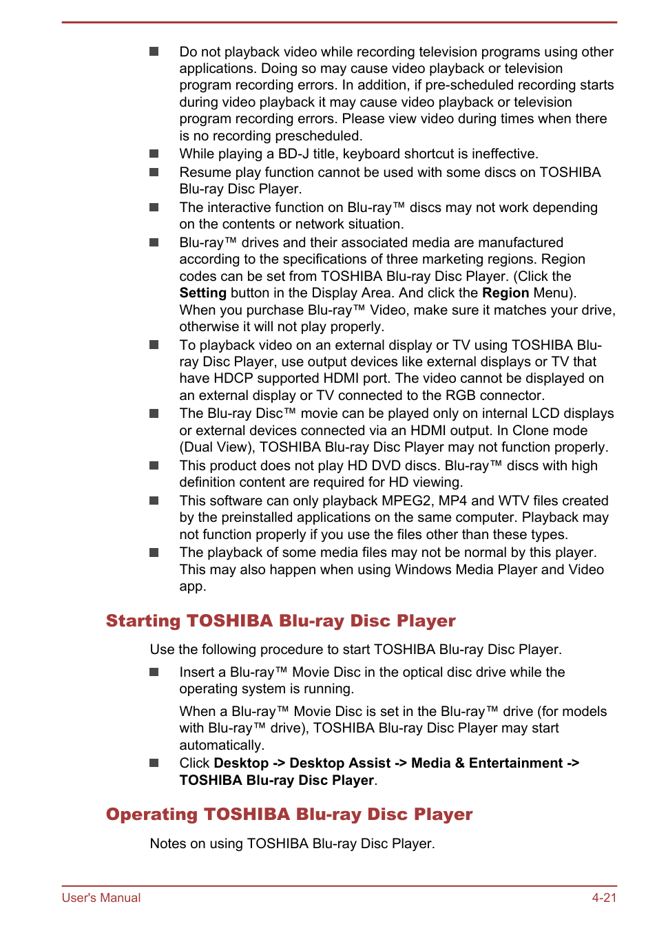 Starting toshiba blu-ray disc player, Operating toshiba blu-ray disc player | Toshiba Satellite Pro A50-A User Manual | Page 73 / 165