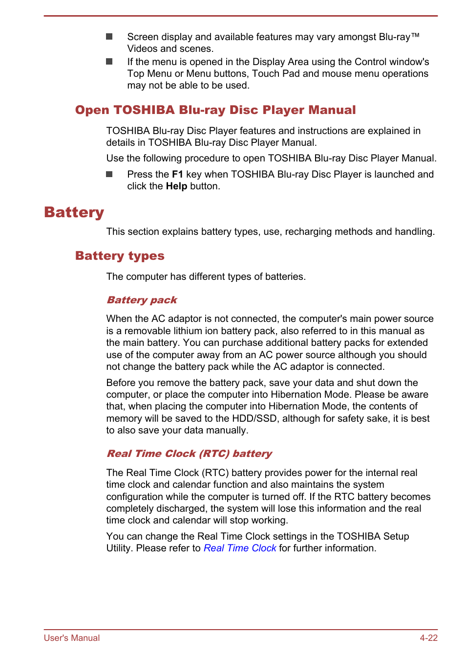 Open toshiba blu-ray disc player manual, Battery, Battery types | Battery -22 | Toshiba Satellite Pro A50-A User Manual | Page 74 / 165