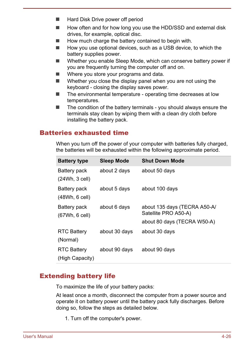 Batteries exhausted time, Extending battery life | Toshiba Satellite Pro A50-A User Manual | Page 78 / 165
