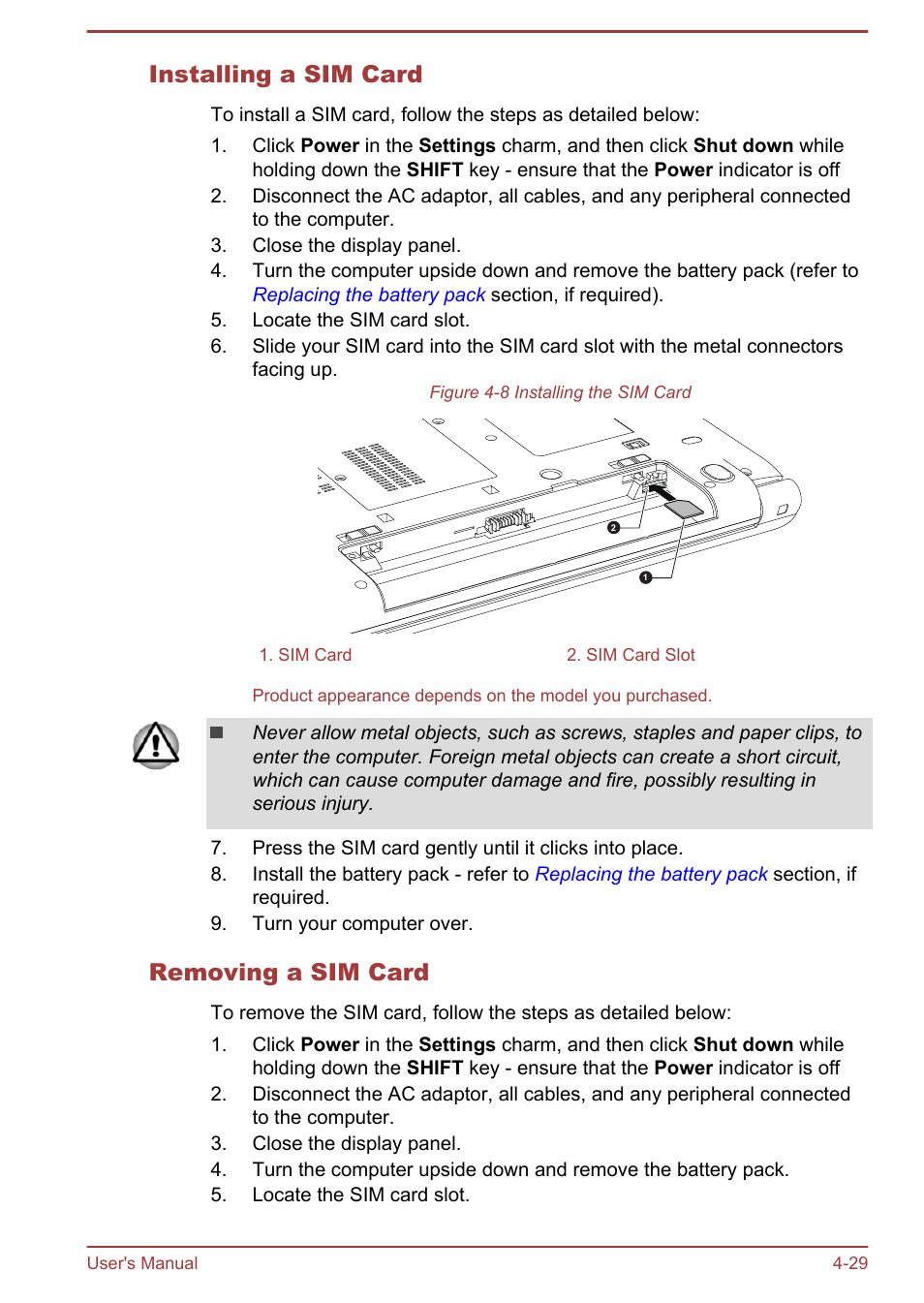 Installing a sim card, Removing a sim card | Toshiba Satellite Pro A50-A User Manual | Page 81 / 165