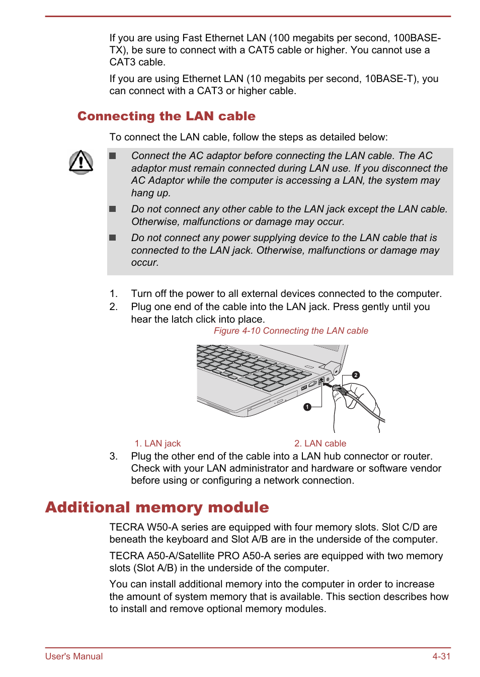 Connecting the lan cable, Additional memory module, Additional memory module -31 | Section | Toshiba Satellite Pro A50-A User Manual | Page 83 / 165