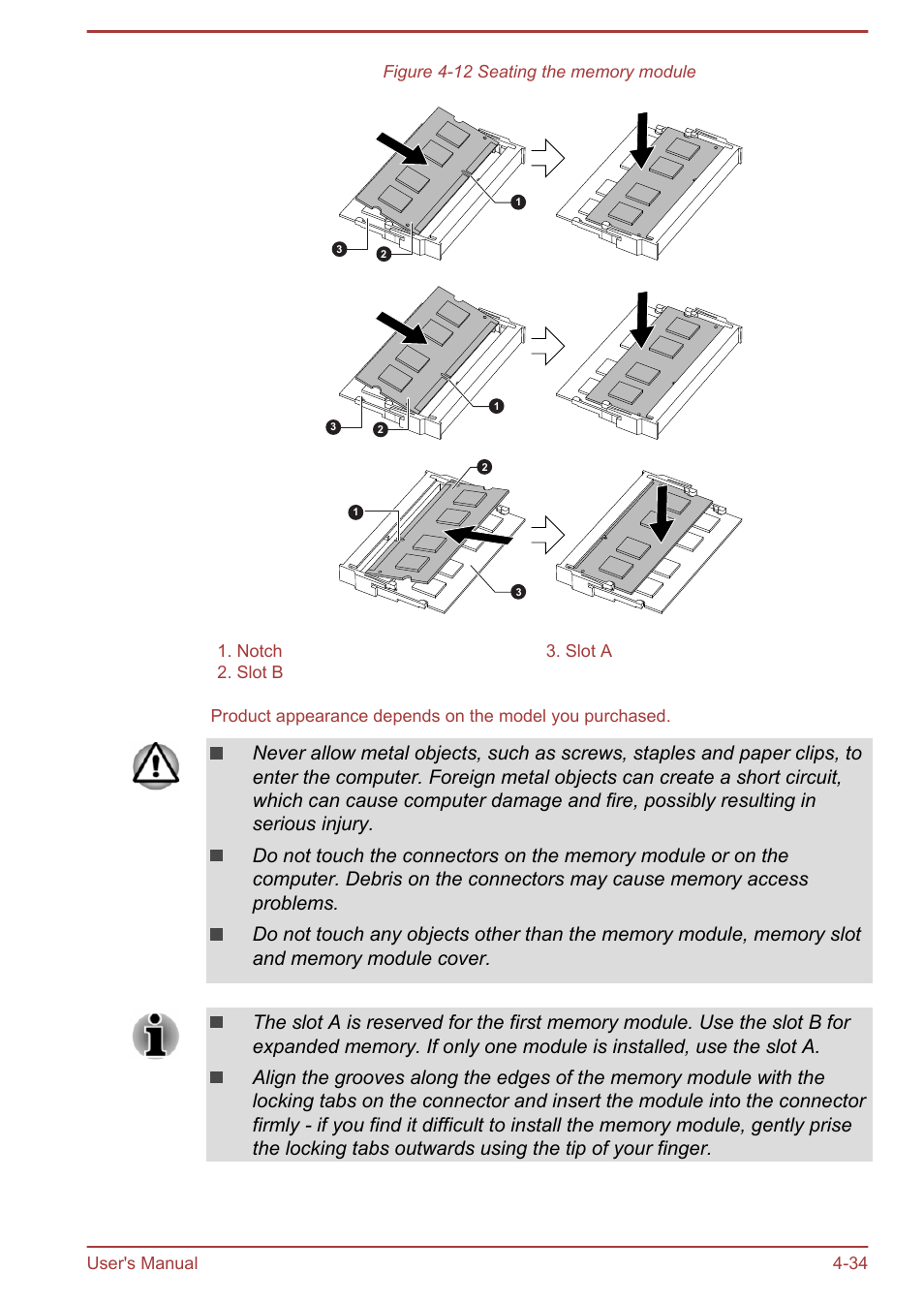 Notch 3. slot a 2. slot b, User's manual 4-34 | Toshiba Satellite Pro A50-A User Manual | Page 86 / 165