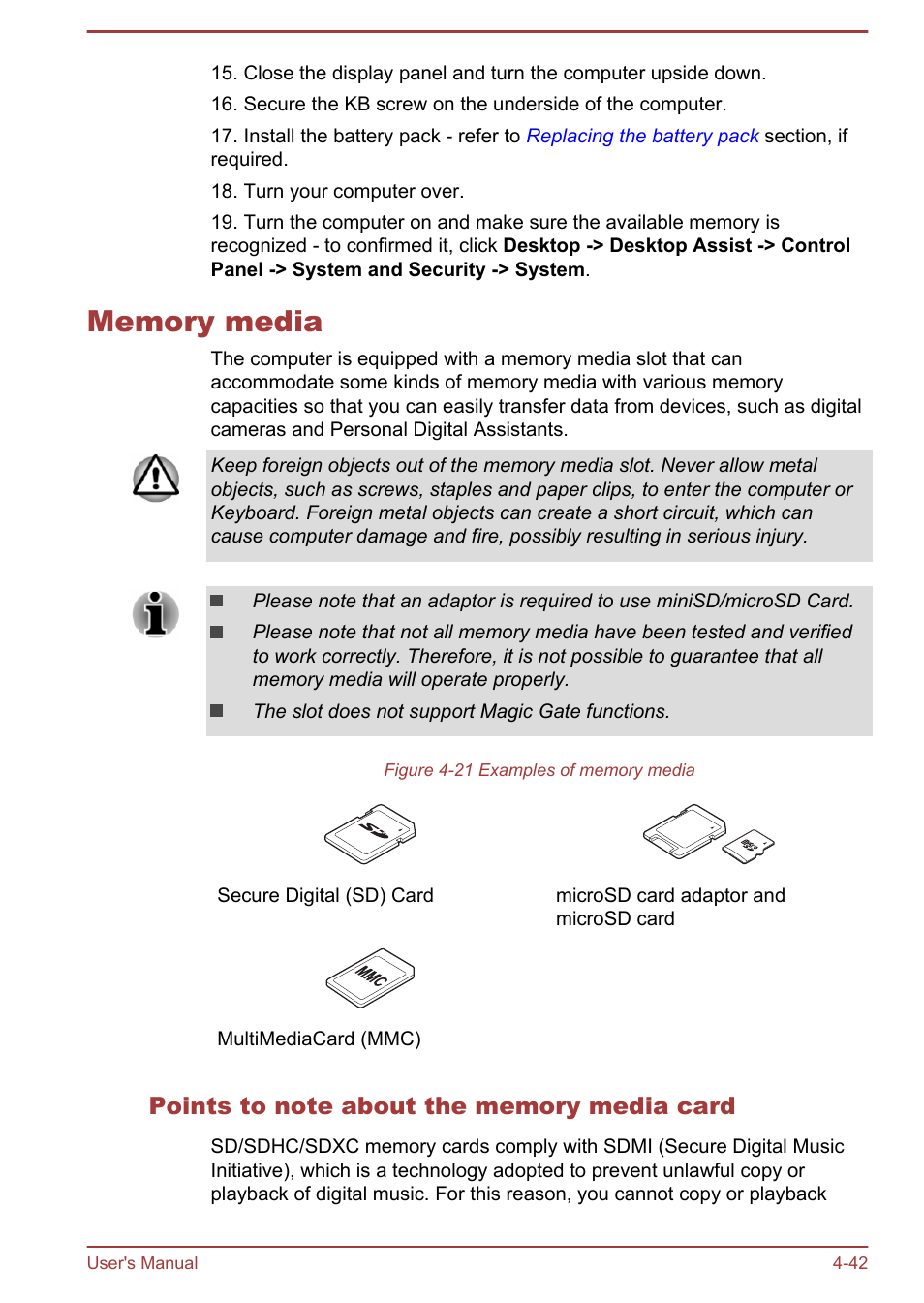 Memory media, Points to note about the memory media card, Memory media -42 | Toshiba Satellite Pro A50-A User Manual | Page 94 / 165