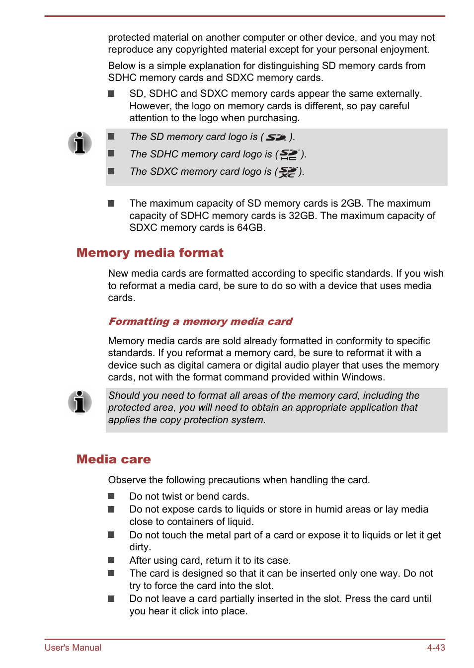 Memory media format, Media care | Toshiba Satellite Pro A50-A User Manual | Page 95 / 165