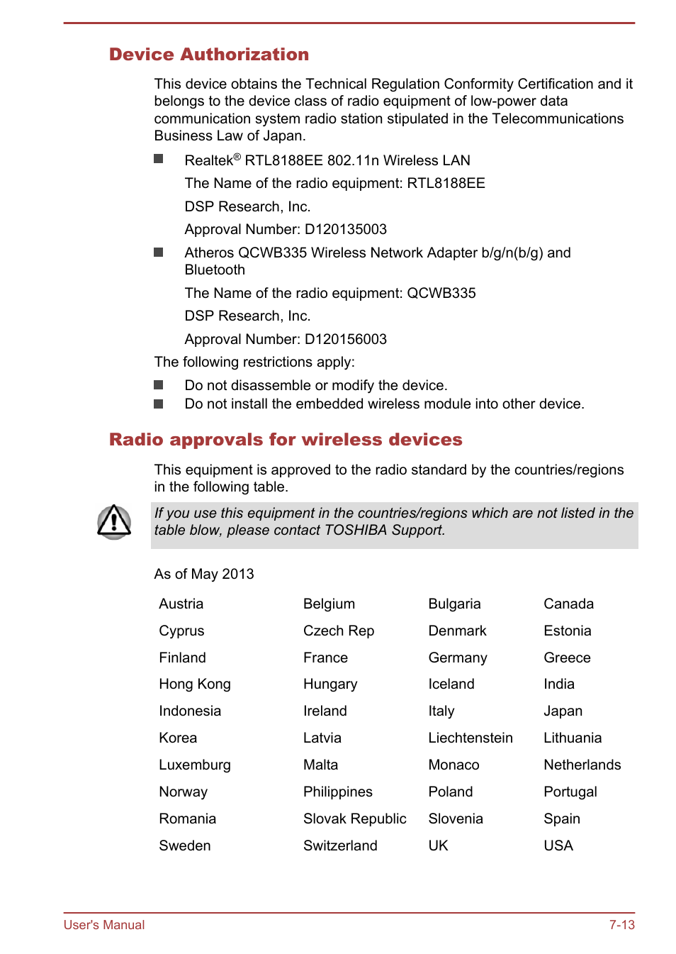 Device authorization, Radio approvals for wireless devices | Toshiba Satellite Pro C50-A User Manual | Page 125 / 131