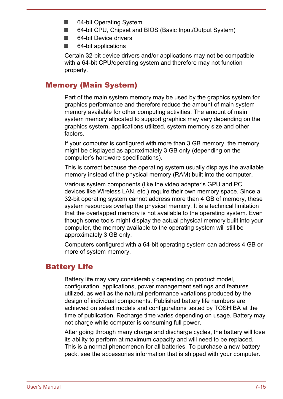 Memory (main system), Battery life | Toshiba Satellite Pro C50-A User Manual | Page 127 / 131