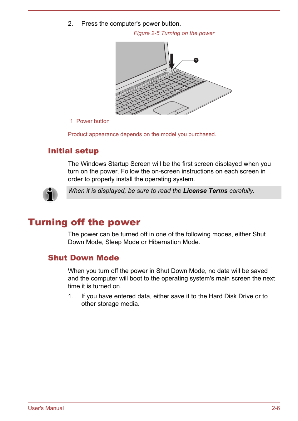 Initial setup, Turning off the power, Shut down mode | Turning off the power -6 | Toshiba Satellite Pro C50-A User Manual | Page 24 / 131