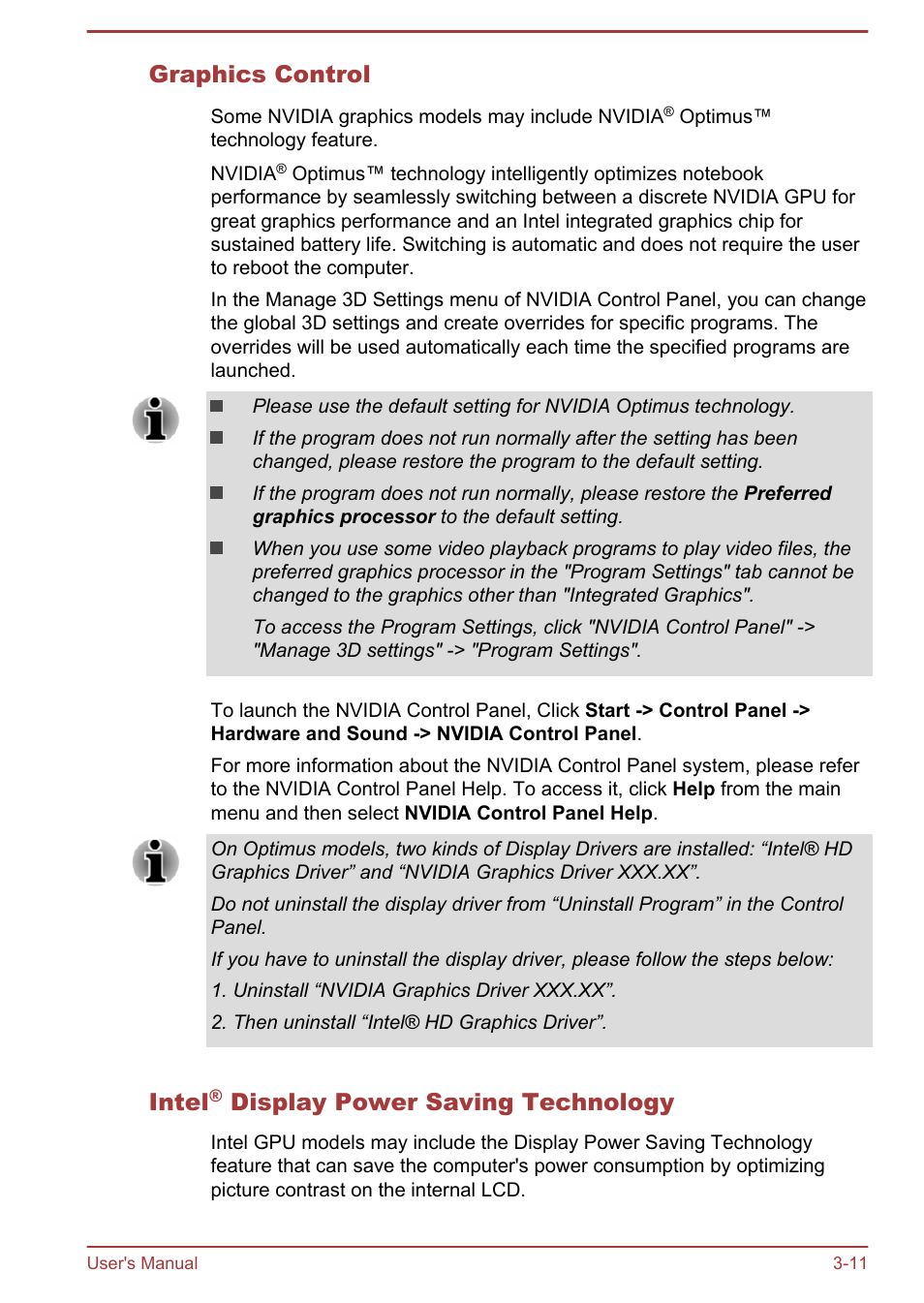 Graphics control, Intel® display power saving technology, Intel | Display power saving technology | Toshiba Satellite Pro C50-A User Manual | Page 39 / 131