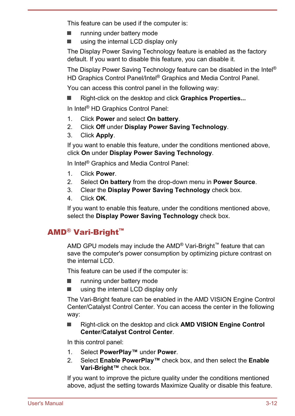 Amd® vari-bright, Vari-bright | Toshiba Satellite Pro C50-A User Manual | Page 40 / 131