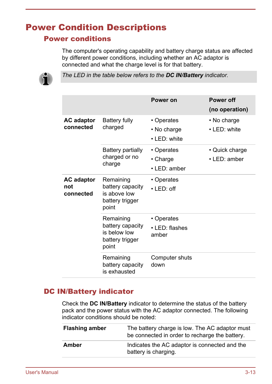 Power condition descriptions, Power conditions, Dc in/battery indicator | Power condition descriptions -13 | Toshiba Satellite Pro C50-A User Manual | Page 41 / 131