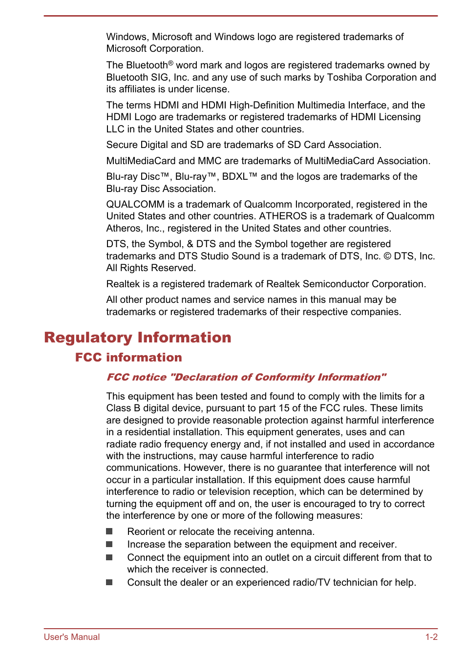 Regulatory information, Fcc information, Regulatory information -2 | Toshiba Satellite Pro C50-A User Manual | Page 5 / 131