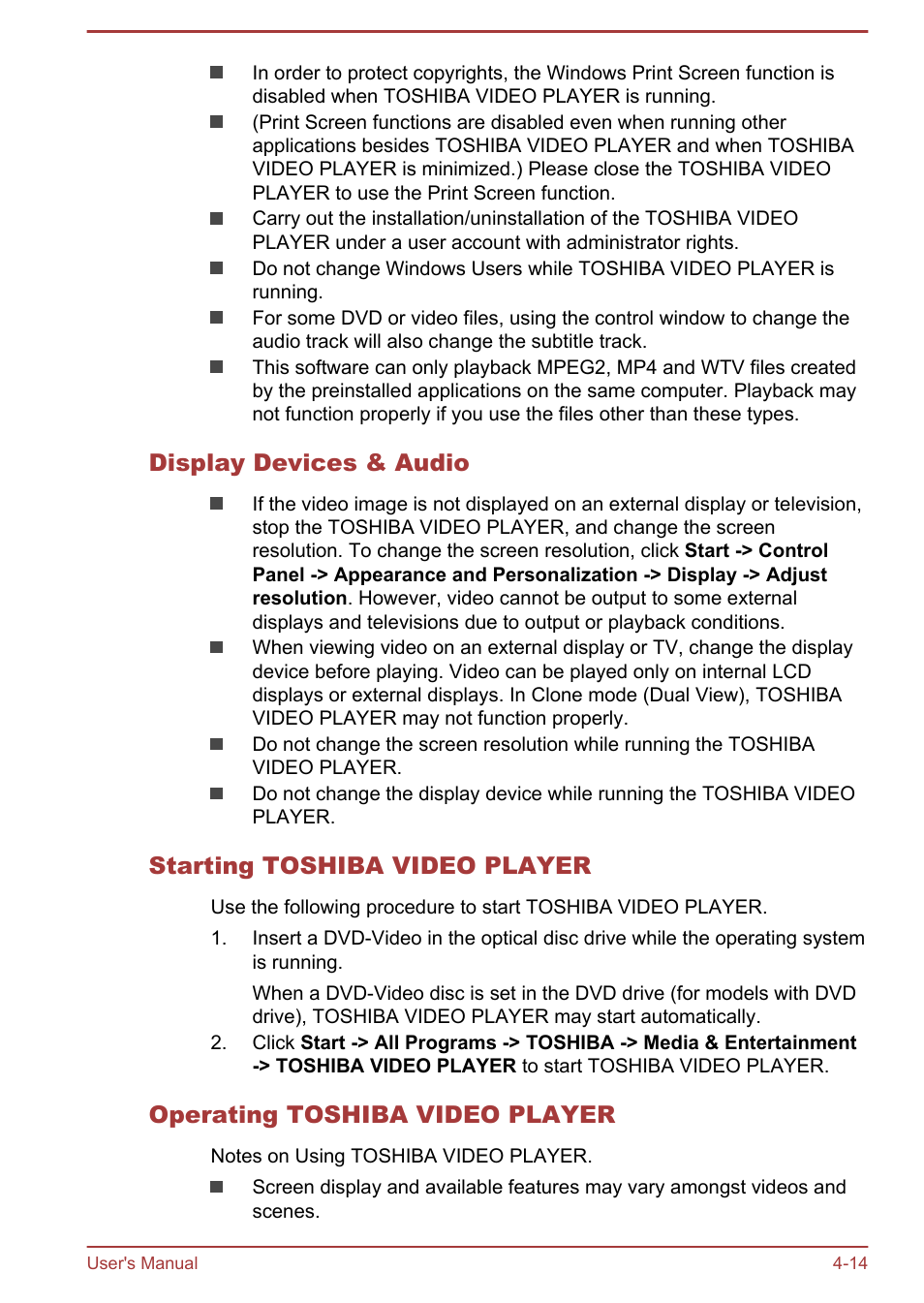 Display devices & audio, Starting toshiba video player, Operating toshiba video player | Toshiba Satellite Pro C50-A User Manual | Page 56 / 131