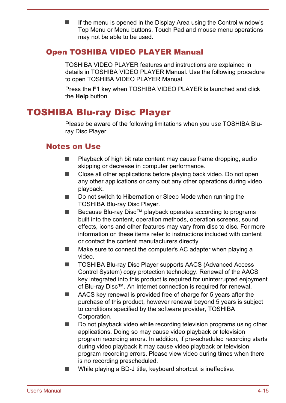 Open toshiba video player manual, Toshiba blu-ray disc player, Notes on use | Toshiba blu-ray disc player -15 | Toshiba Satellite Pro C50-A User Manual | Page 57 / 131