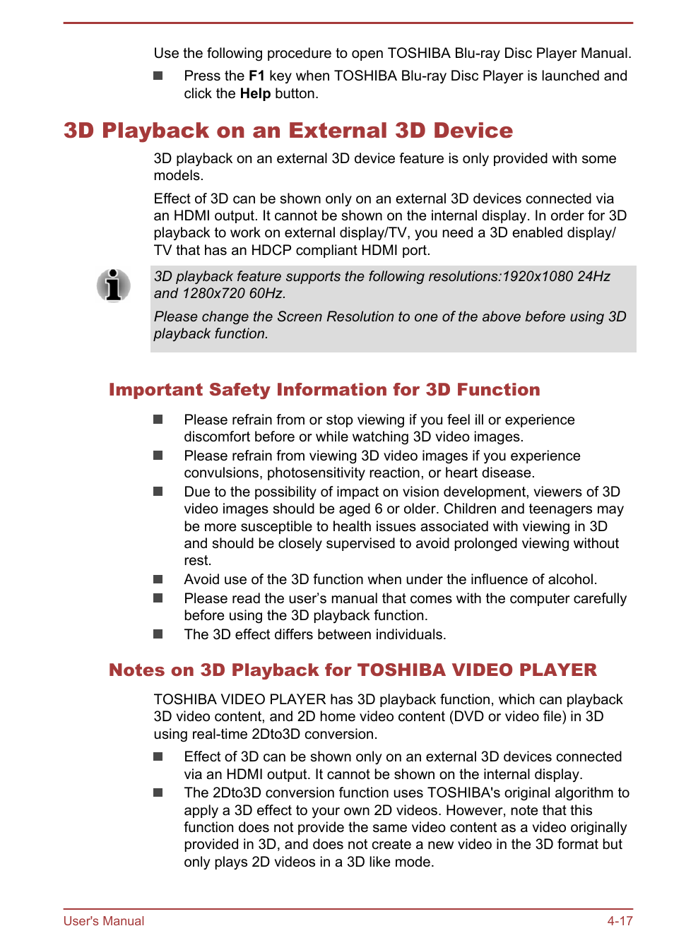 3d playback on an external 3d device, Important safety information for 3d function, Notes on 3d playback for toshiba video player | 3d playback on an external 3d device -17 | Toshiba Satellite Pro C50-A User Manual | Page 59 / 131
