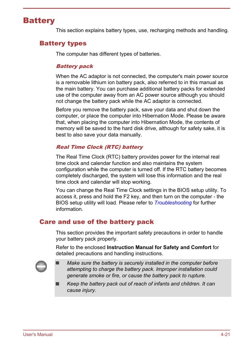 Battery, Battery types, Care and use of the battery pack | Battery -21 | Toshiba Satellite Pro C50-A User Manual | Page 63 / 131