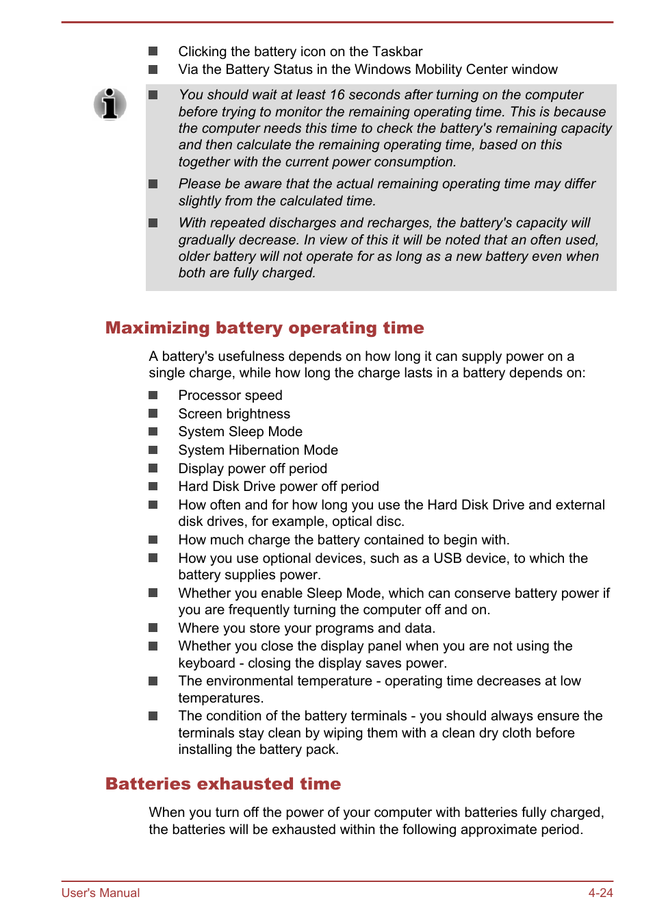 Maximizing battery operating time, Batteries exhausted time | Toshiba Satellite Pro C50-A User Manual | Page 66 / 131