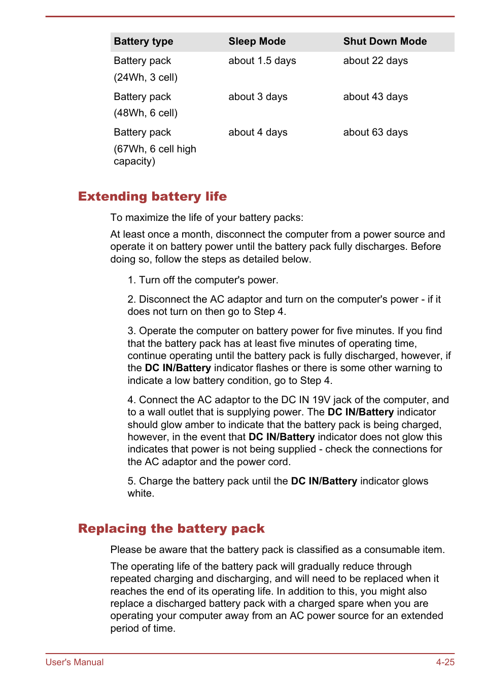 Extending battery life, Replacing the battery pack | Toshiba Satellite Pro C50-A User Manual | Page 67 / 131