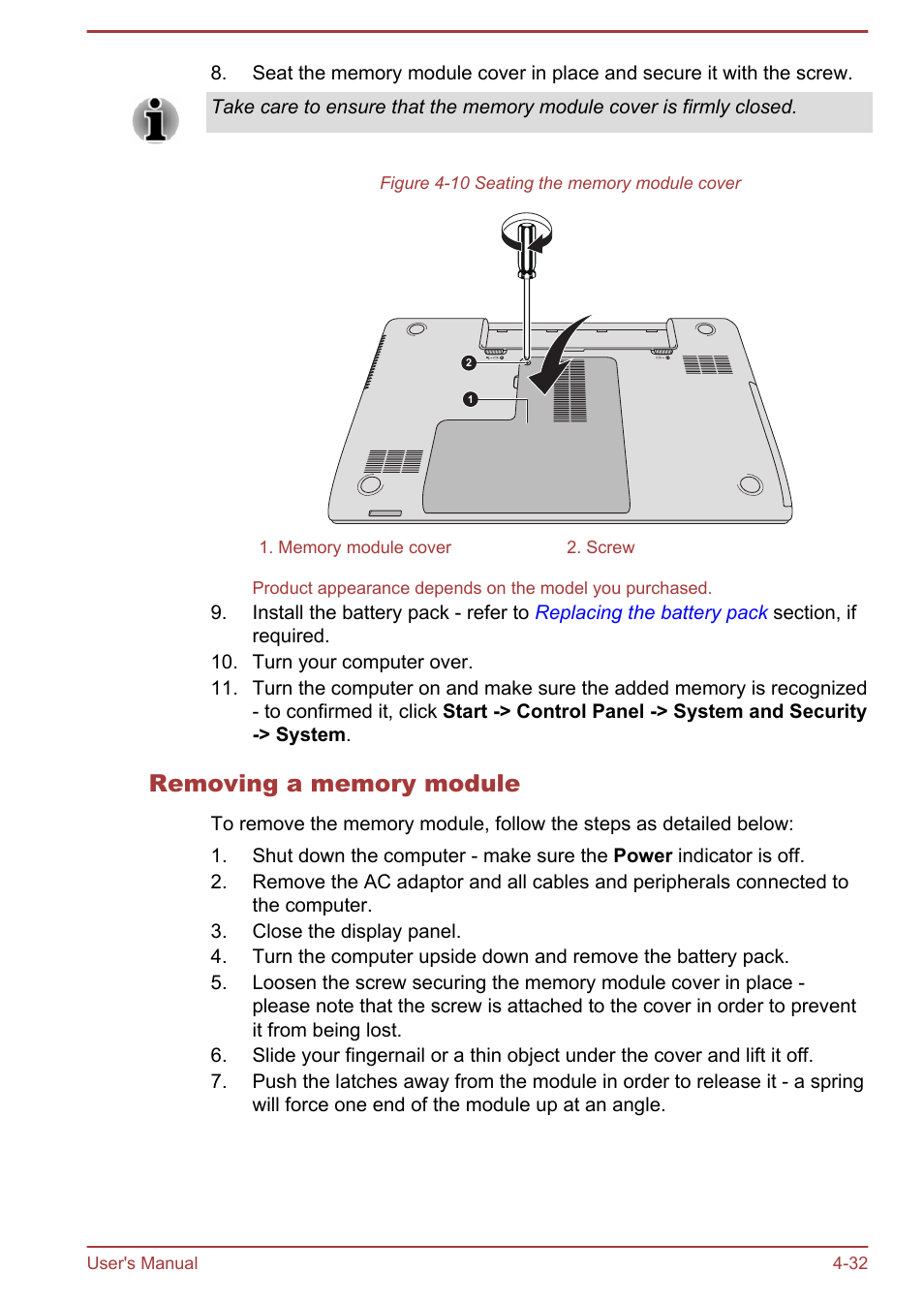 Removing a memory module | Toshiba Satellite Pro C50-A User Manual | Page 74 / 131