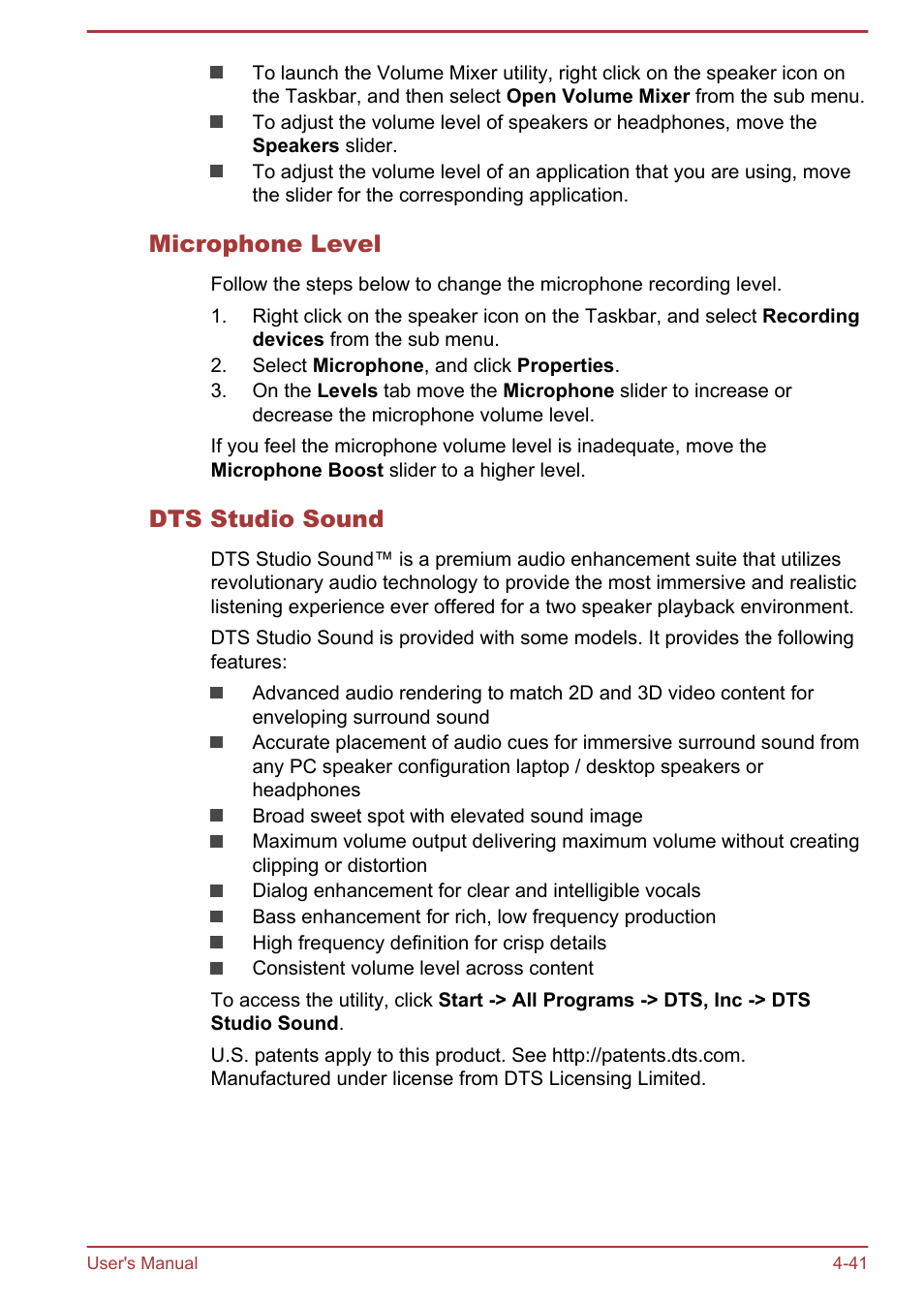Microphone level, Dts studio sound | Toshiba Satellite Pro C50-A User Manual | Page 83 / 131