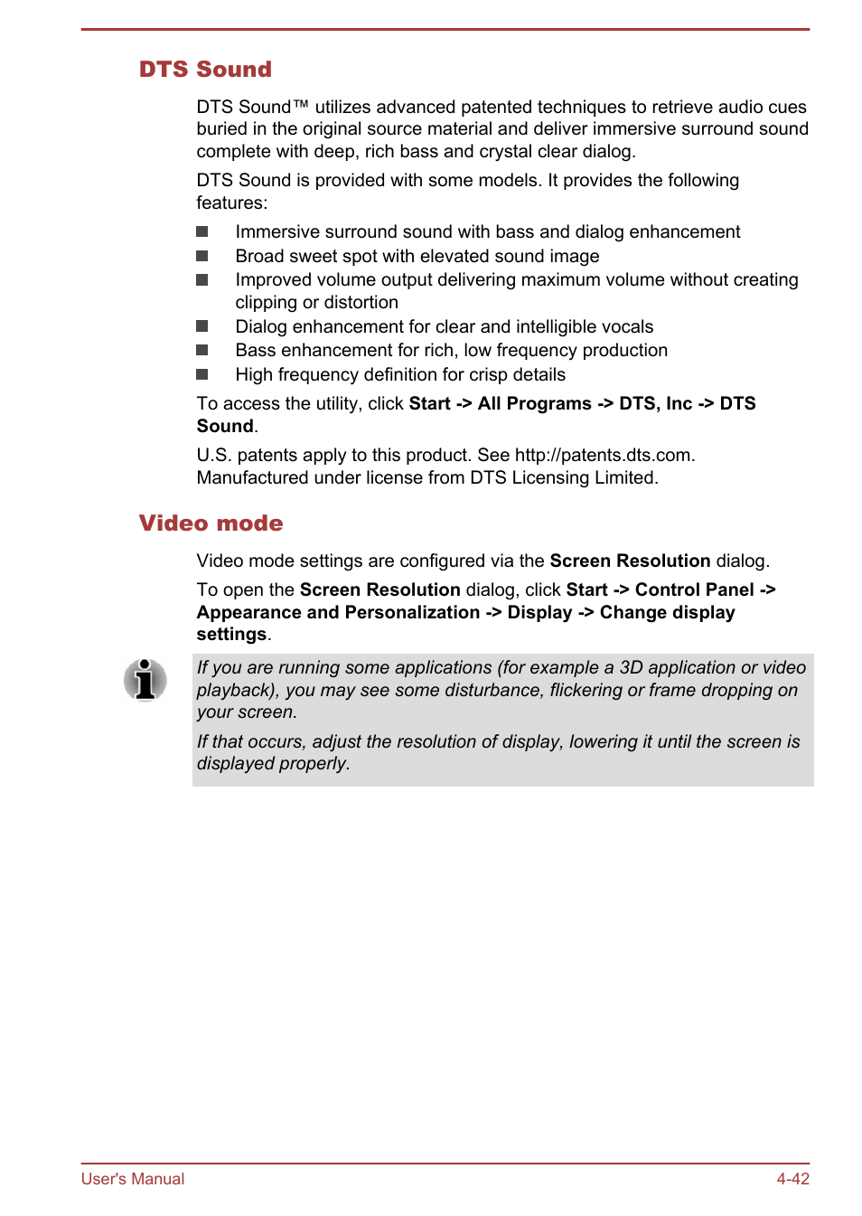 Dts sound, Video mode | Toshiba Satellite Pro C50-A User Manual | Page 84 / 131
