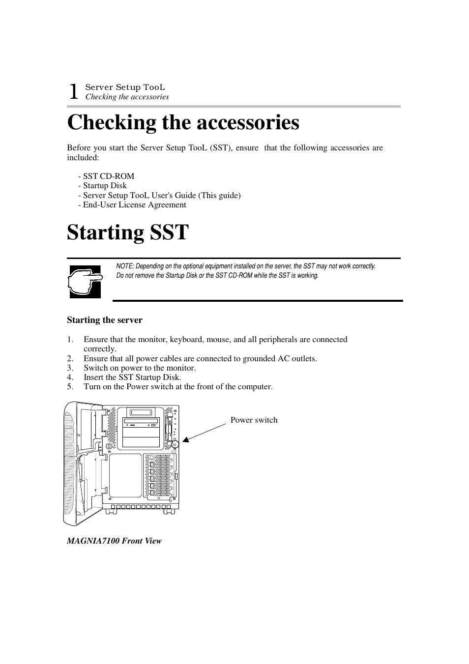 Checking the accessories, Starting sst | Toshiba Magnia 7100 User Manual | Page 7 / 89