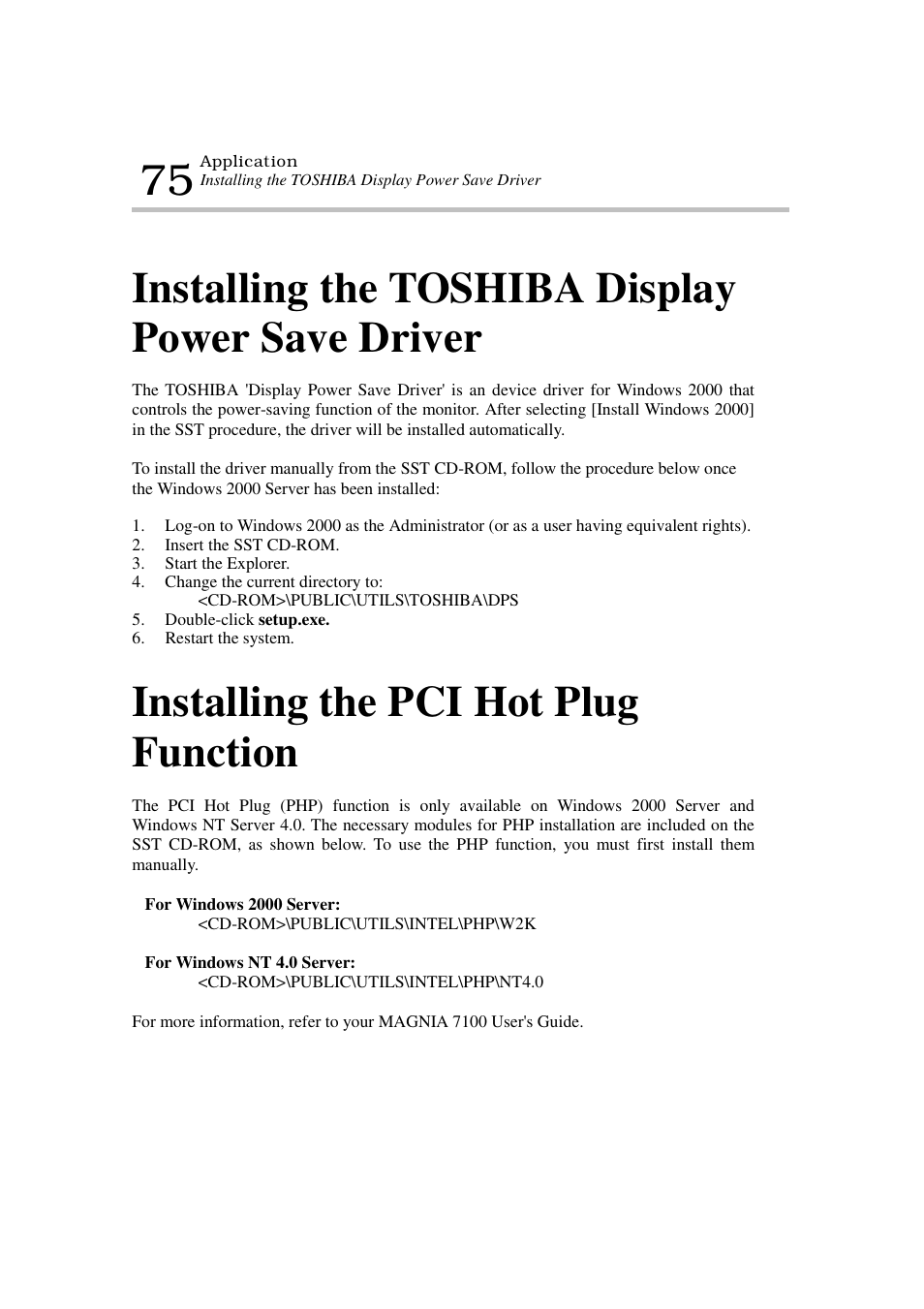 Installing the toshiba display power save driver, Installing the pci hot plug function | Toshiba Magnia 7100 User Manual | Page 89 / 89