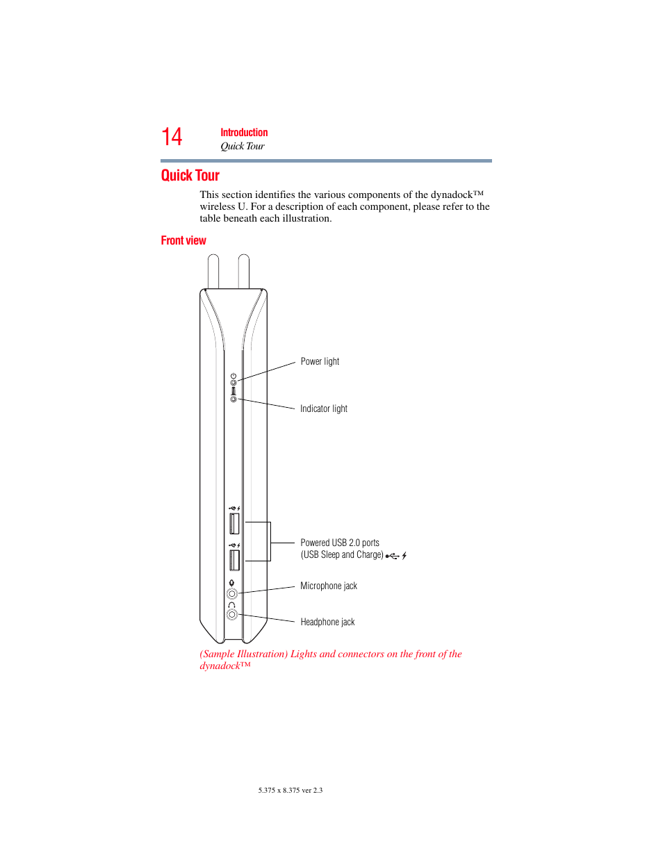 Quick tour, Front view | Toshiba Dynadock Wireless U User Manual | Page 14 / 76