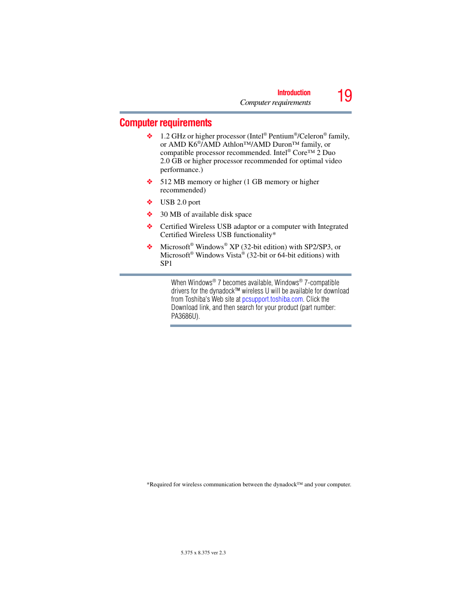 Computer requirements | Toshiba Dynadock Wireless U User Manual | Page 19 / 76