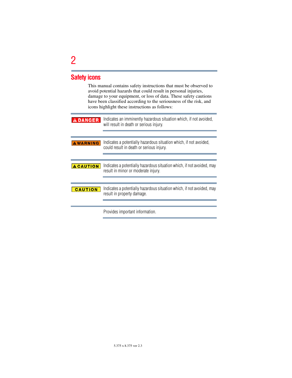 Safety icons | Toshiba Dynadock Wireless U User Manual | Page 2 / 76