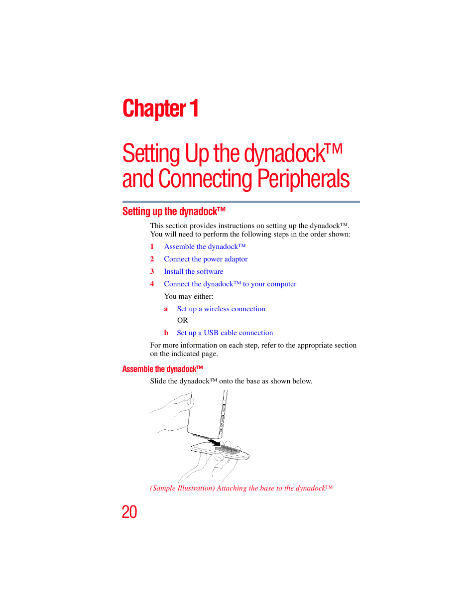 Setting up the dynadock, Assemble the dynadock, Chapter 1: setting up the dynadock™ and connecting | Peripherals, Chapter 1 | Toshiba Dynadock Wireless U User Manual | Page 20 / 76
