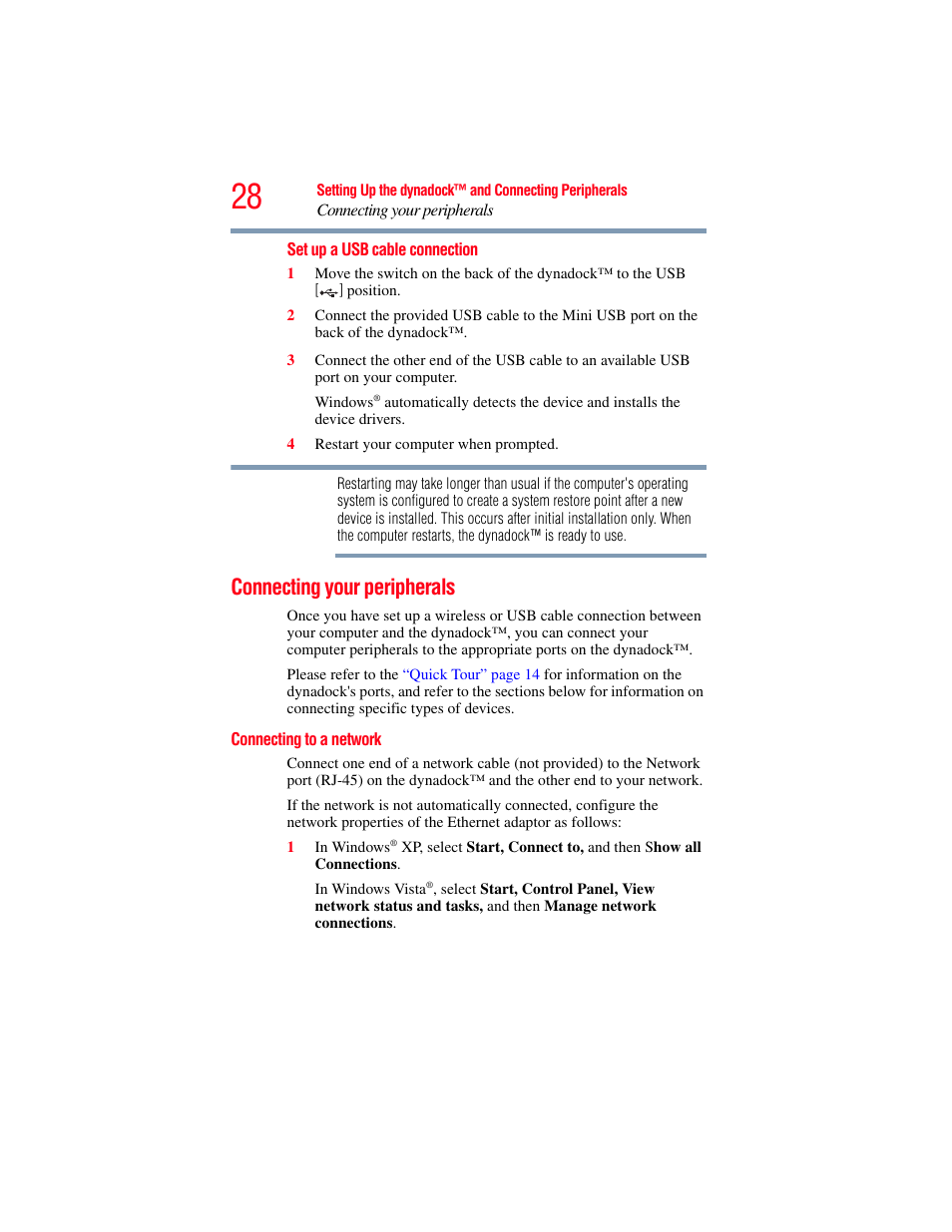 Connecting your peripherals, Connecting to a network, Set up a usb cable connection | Toshiba Dynadock Wireless U User Manual | Page 28 / 76