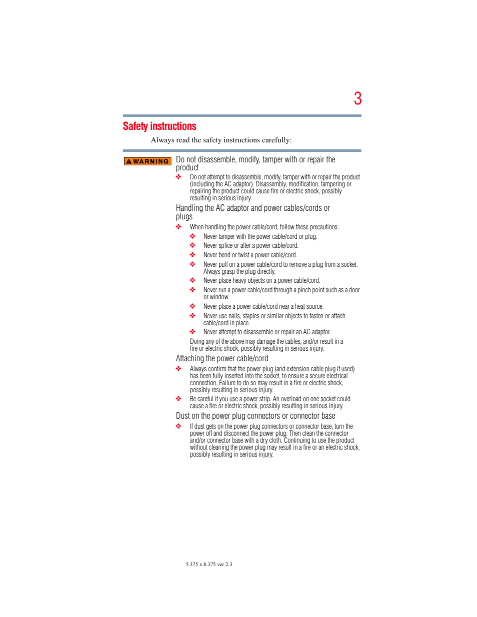 Safety instructions | Toshiba Dynadock Wireless U User Manual | Page 3 / 76