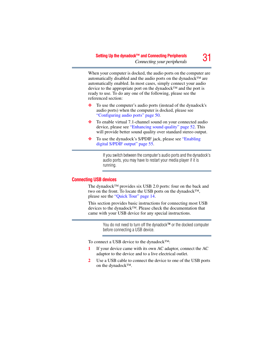 Connecting usb devices | Toshiba Dynadock Wireless U User Manual | Page 31 / 76