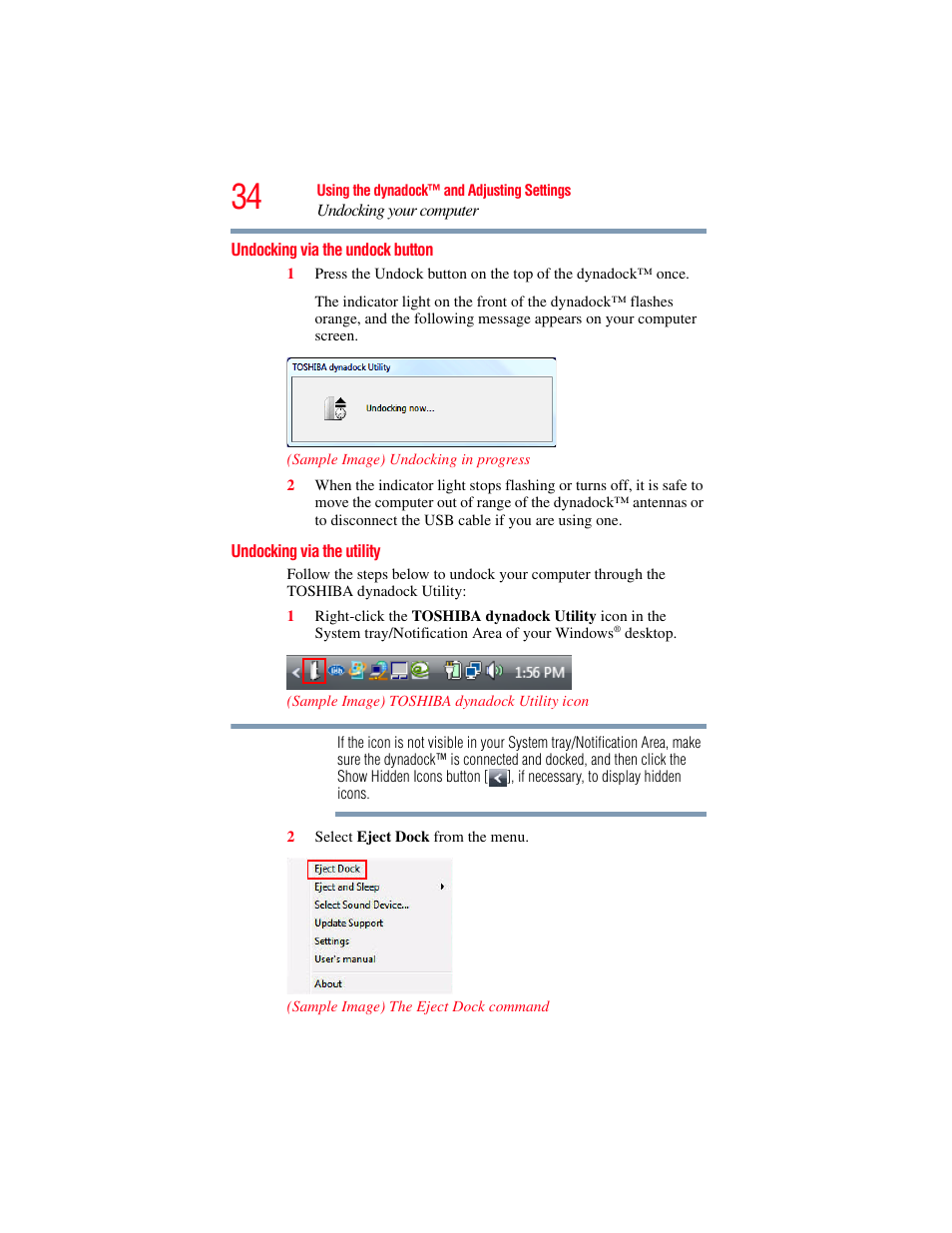 Undocking via the undock button, Undocking via the utility | Toshiba Dynadock Wireless U User Manual | Page 34 / 76