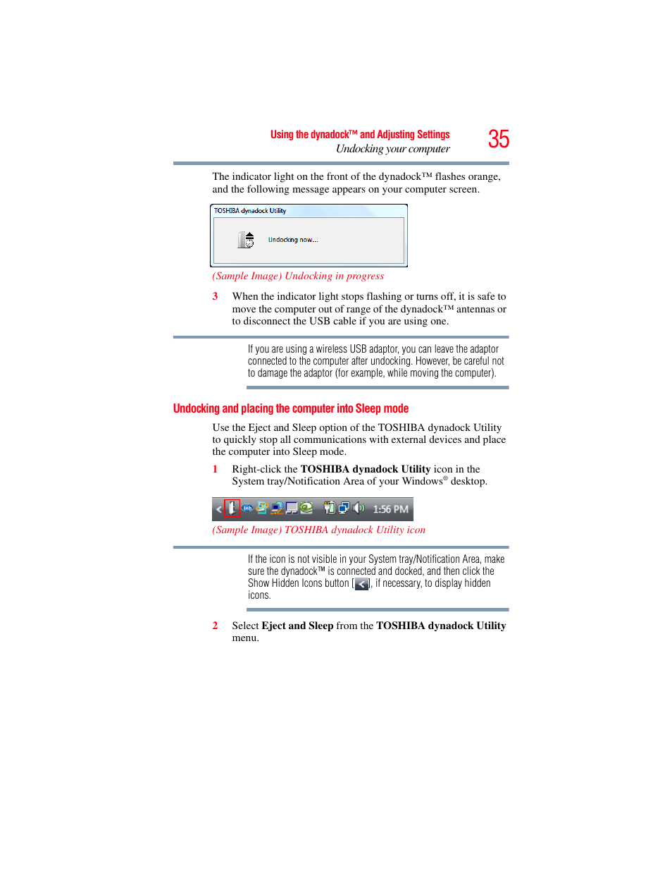 Undocking and placing the computer into sleep mode, Undocking and placing the computer into, Sleep mode | Toshiba Dynadock Wireless U User Manual | Page 35 / 76
