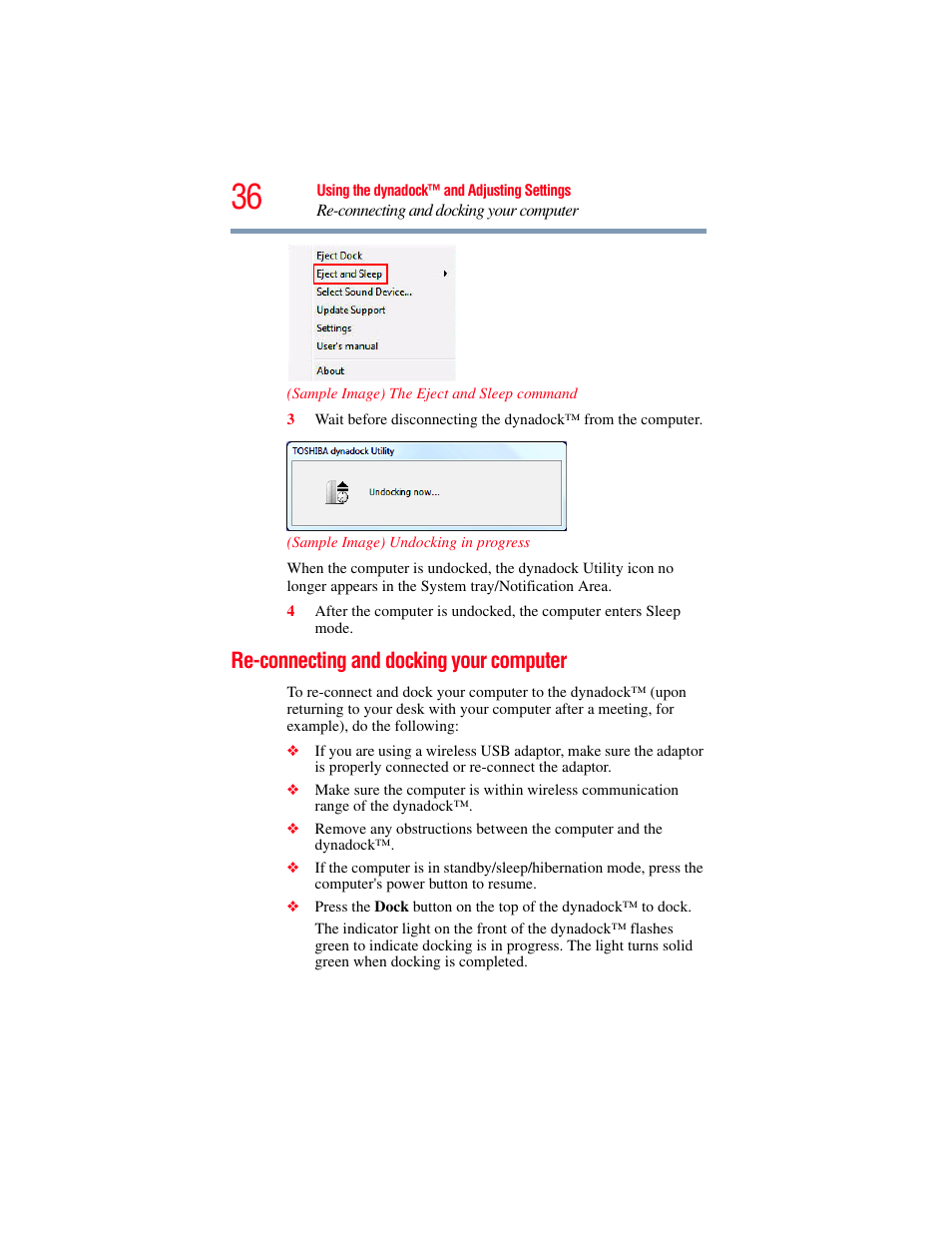 Re-connecting and docking your computer, Re-connecting and | Toshiba Dynadock Wireless U User Manual | Page 36 / 76