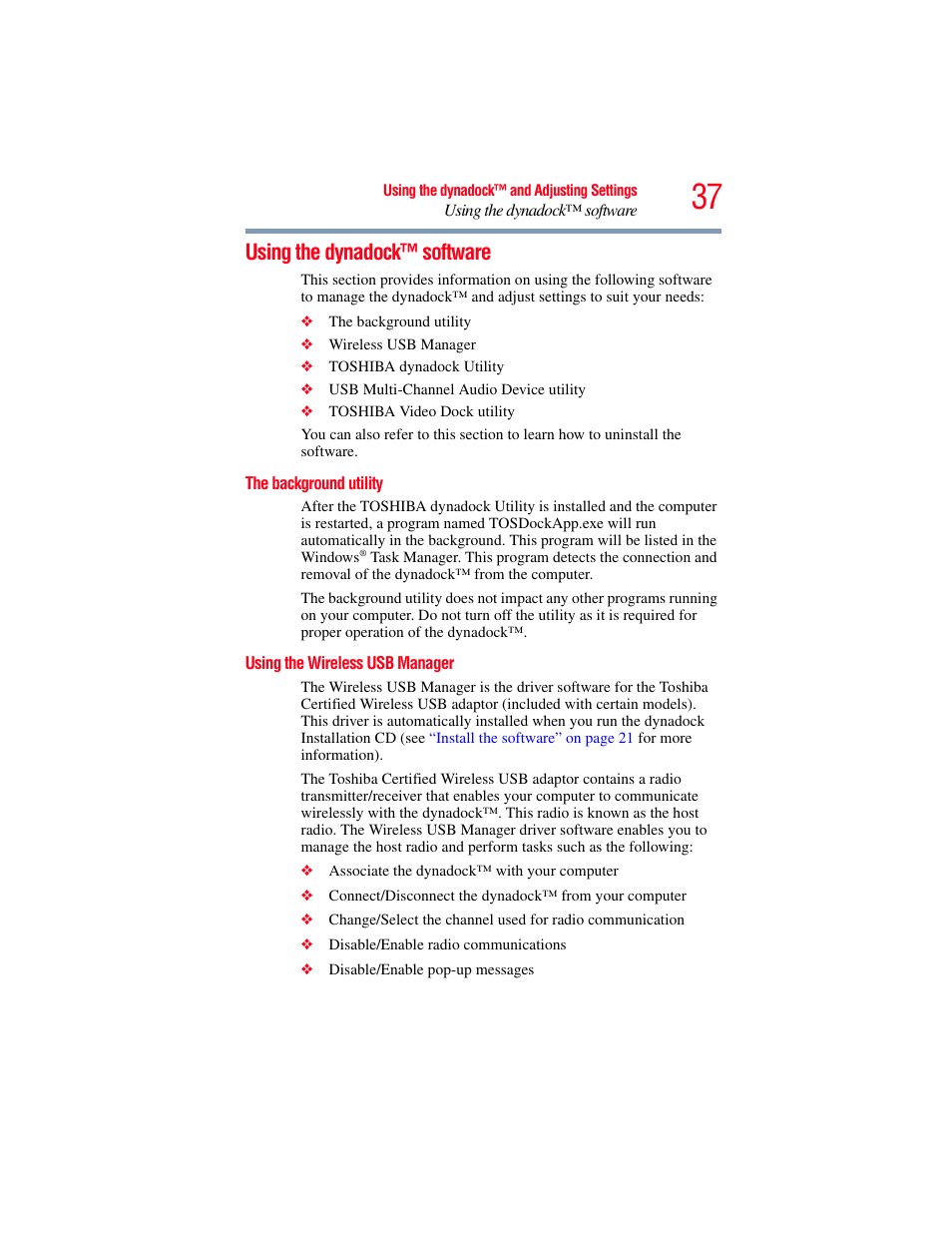 Using the dynadock™ software, The background utility, Using the wireless usb manager | Re, see, Using the | Toshiba Dynadock Wireless U User Manual | Page 37 / 76