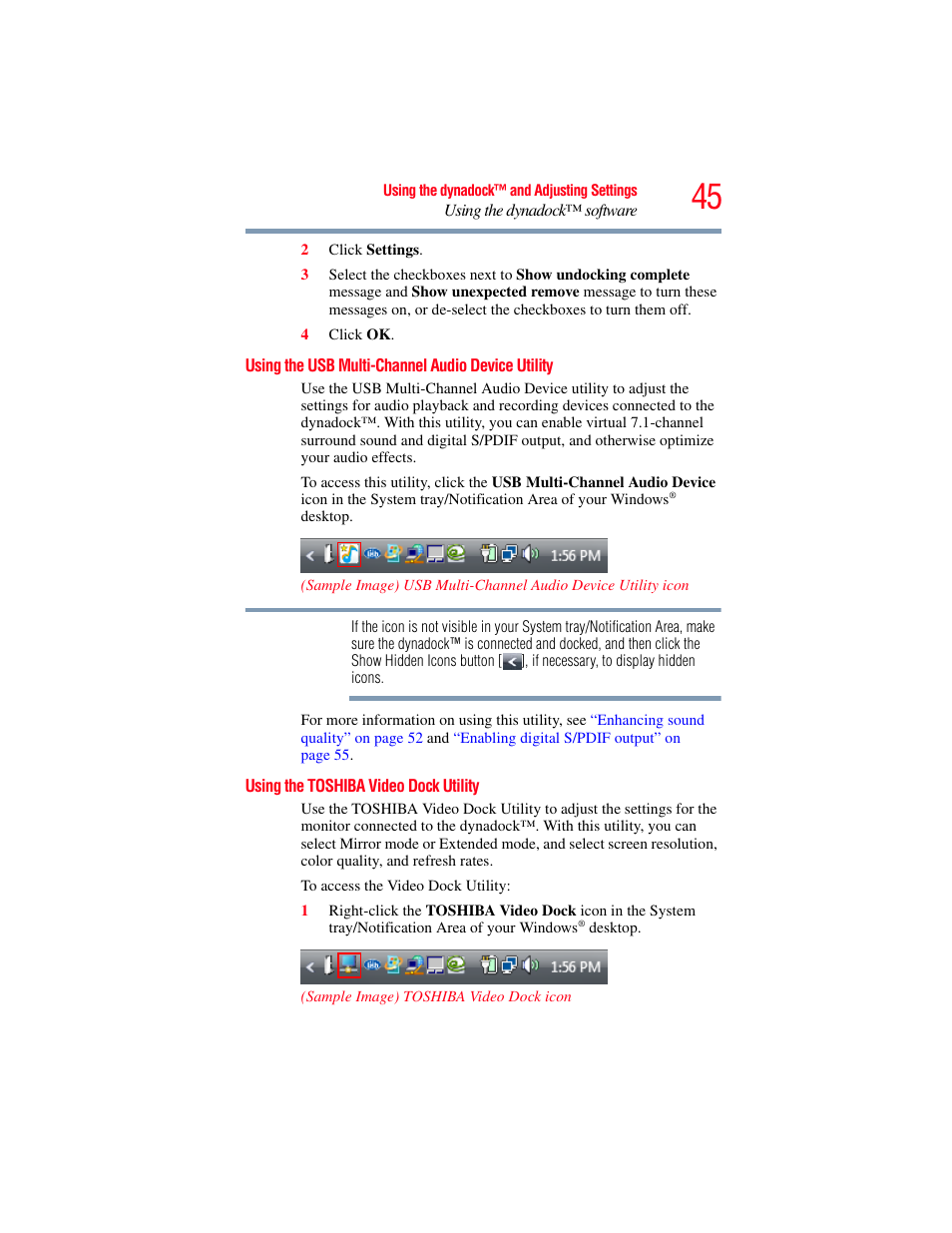 Using the usb multi-channel audio device utility, Using the toshiba video dock utility, Using the usb multi-channel audio | Device utility | Toshiba Dynadock Wireless U User Manual | Page 45 / 76