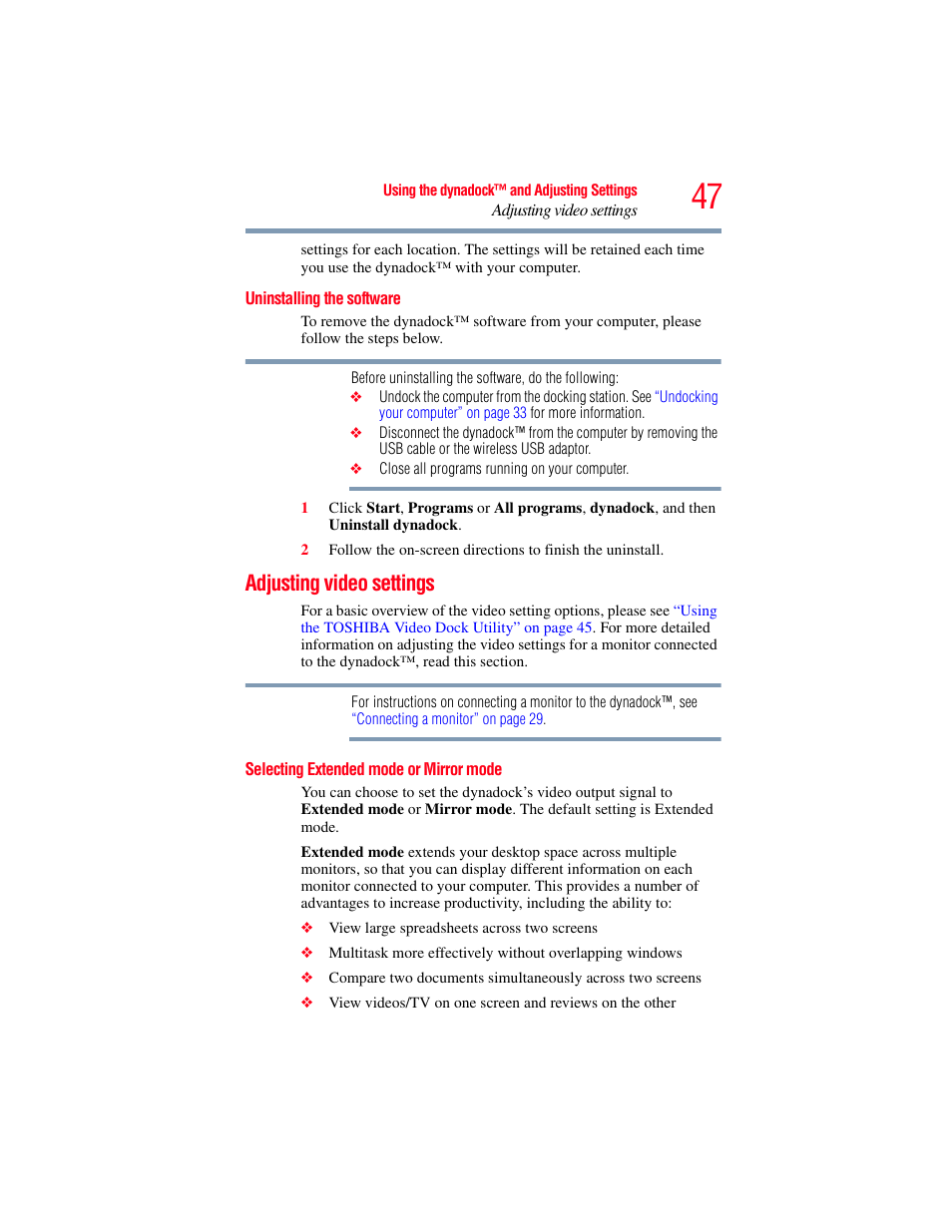 Uninstalling the software, Adjusting video settings, Selecting extended mode or mirror mode | Adjusting video | Toshiba Dynadock Wireless U User Manual | Page 47 / 76