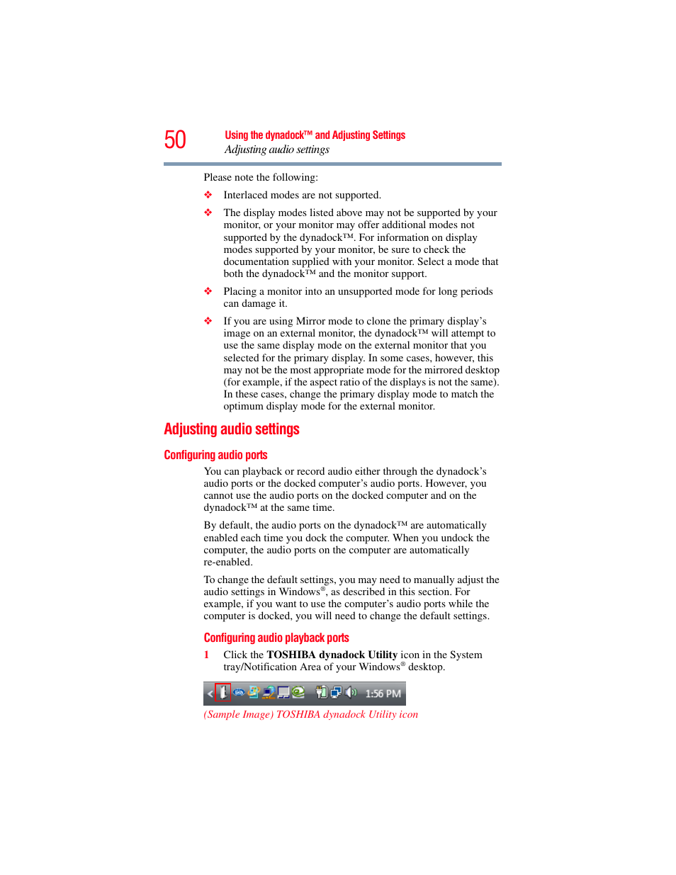 Adjusting audio settings, Configuring audio ports, Adjusting audio settings” on | Toshiba Dynadock Wireless U User Manual | Page 50 / 76