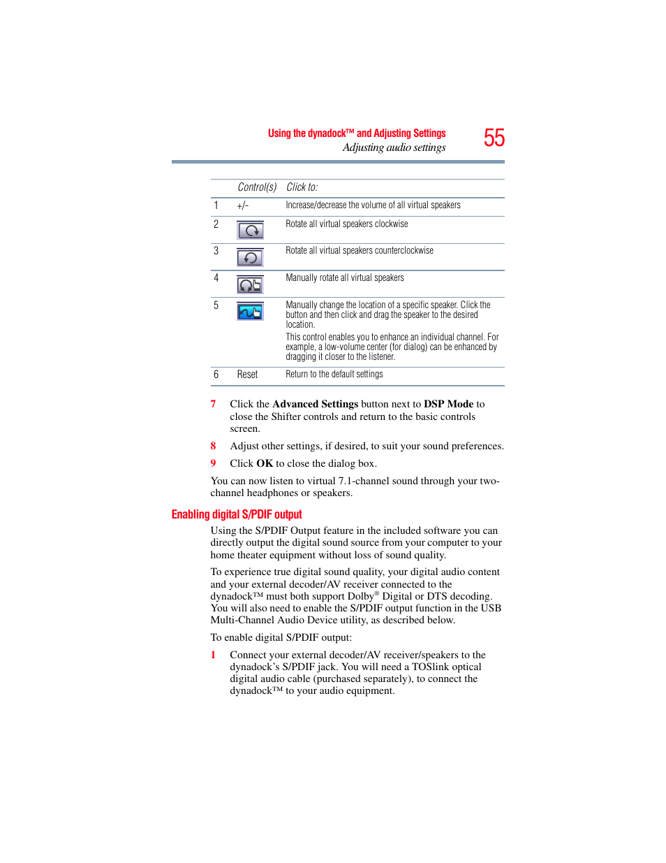 Enabling digital s/pdif output, Ease see, Enabling | Enabling digital s/pdif output” on | Toshiba Dynadock Wireless U User Manual | Page 55 / 76