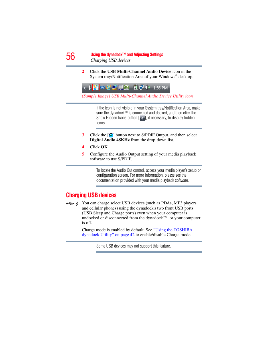 Charging usb devices, Charging usb devices” on, Charging usb | Toshiba Dynadock Wireless U User Manual | Page 56 / 76