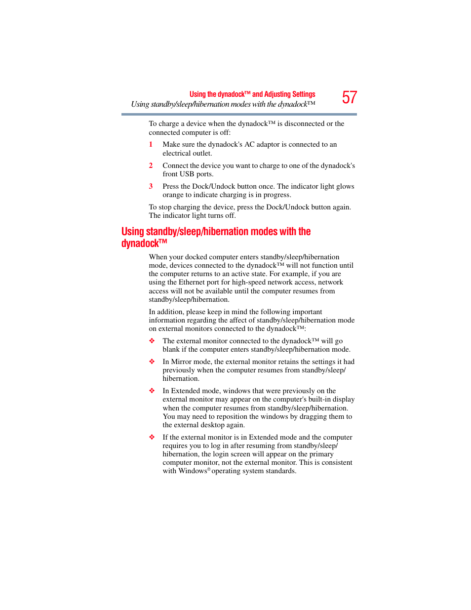 Using standby/sleep/hibernation modes, With the dynadock | Toshiba Dynadock Wireless U User Manual | Page 57 / 76