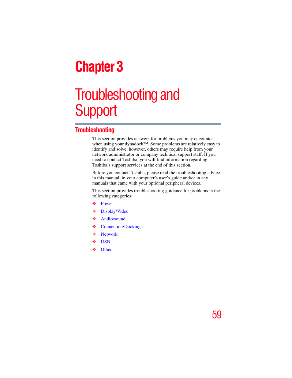 Troubleshooting and support, Troubleshooting, Chapter 3: troubleshooting and support | Chapter 3 | Toshiba Dynadock Wireless U User Manual | Page 59 / 76