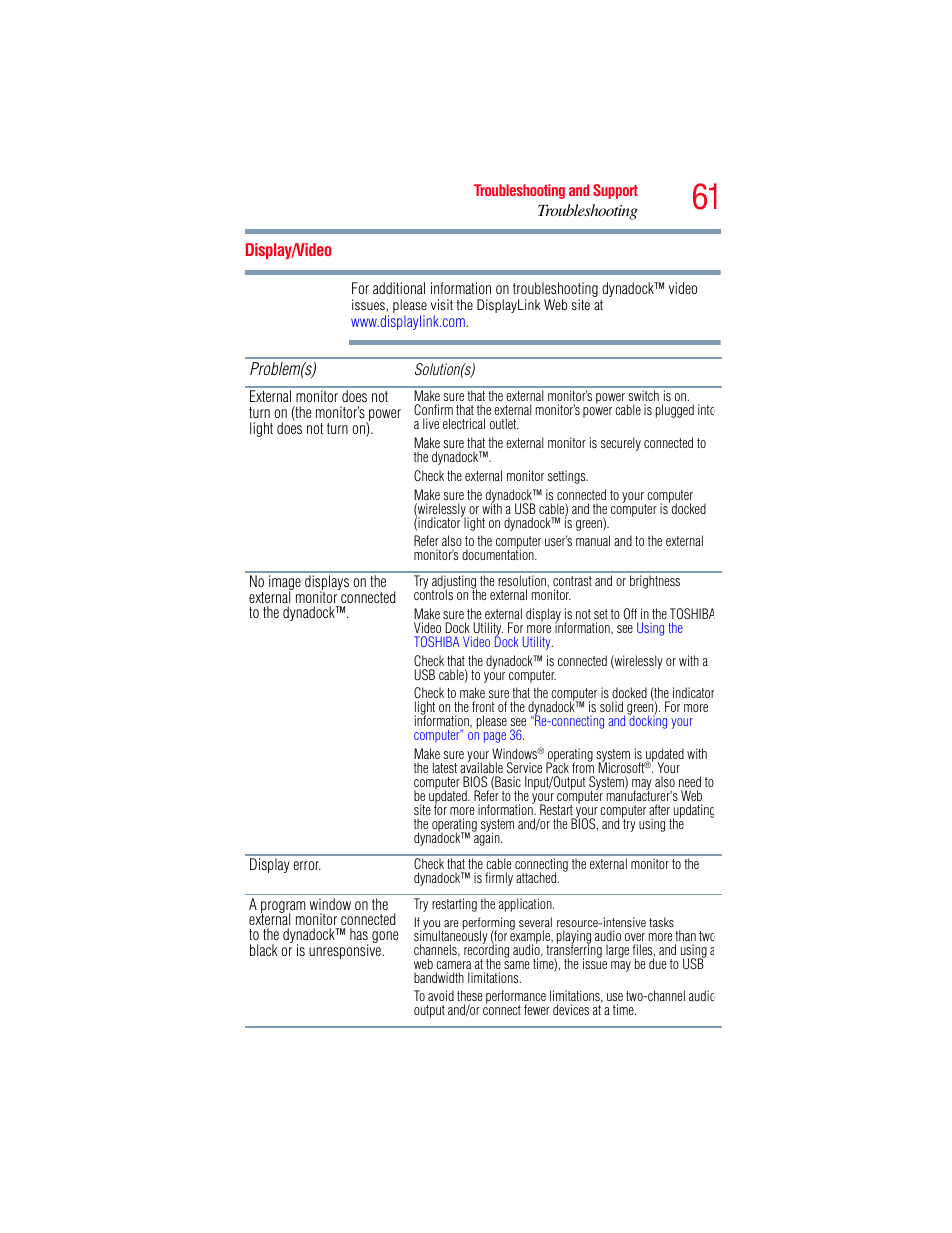 Display/video | Toshiba Dynadock Wireless U User Manual | Page 61 / 76