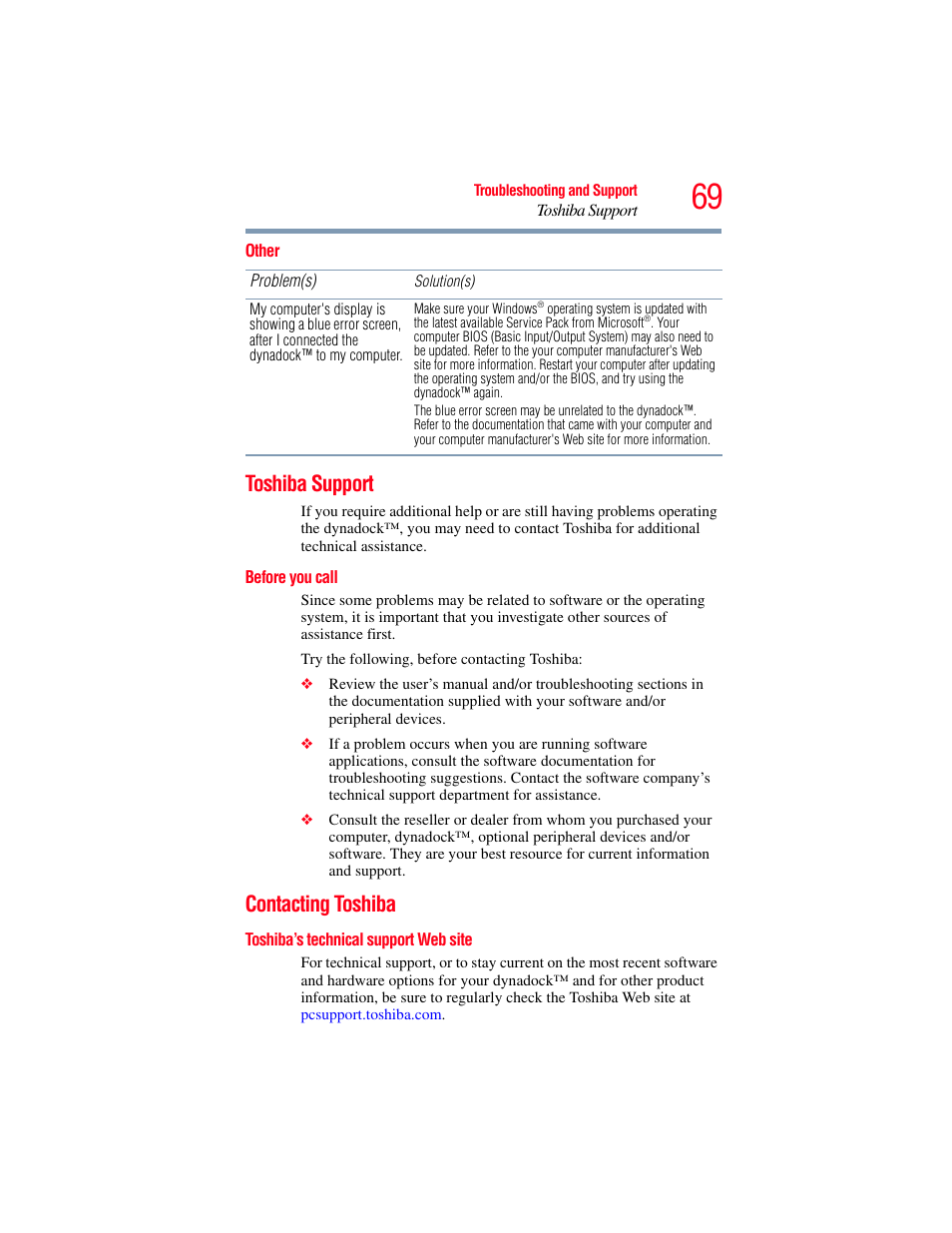 Other, Toshiba support, Before you call | Contacting toshiba, Toshiba’s technical support web site | Toshiba Dynadock Wireless U User Manual | Page 69 / 76