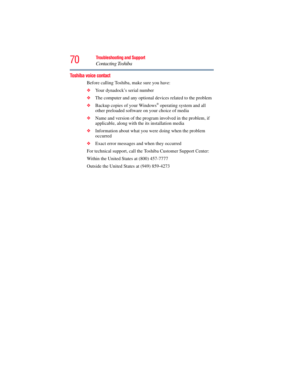 Toshiba voice contact | Toshiba Dynadock Wireless U User Manual | Page 70 / 76