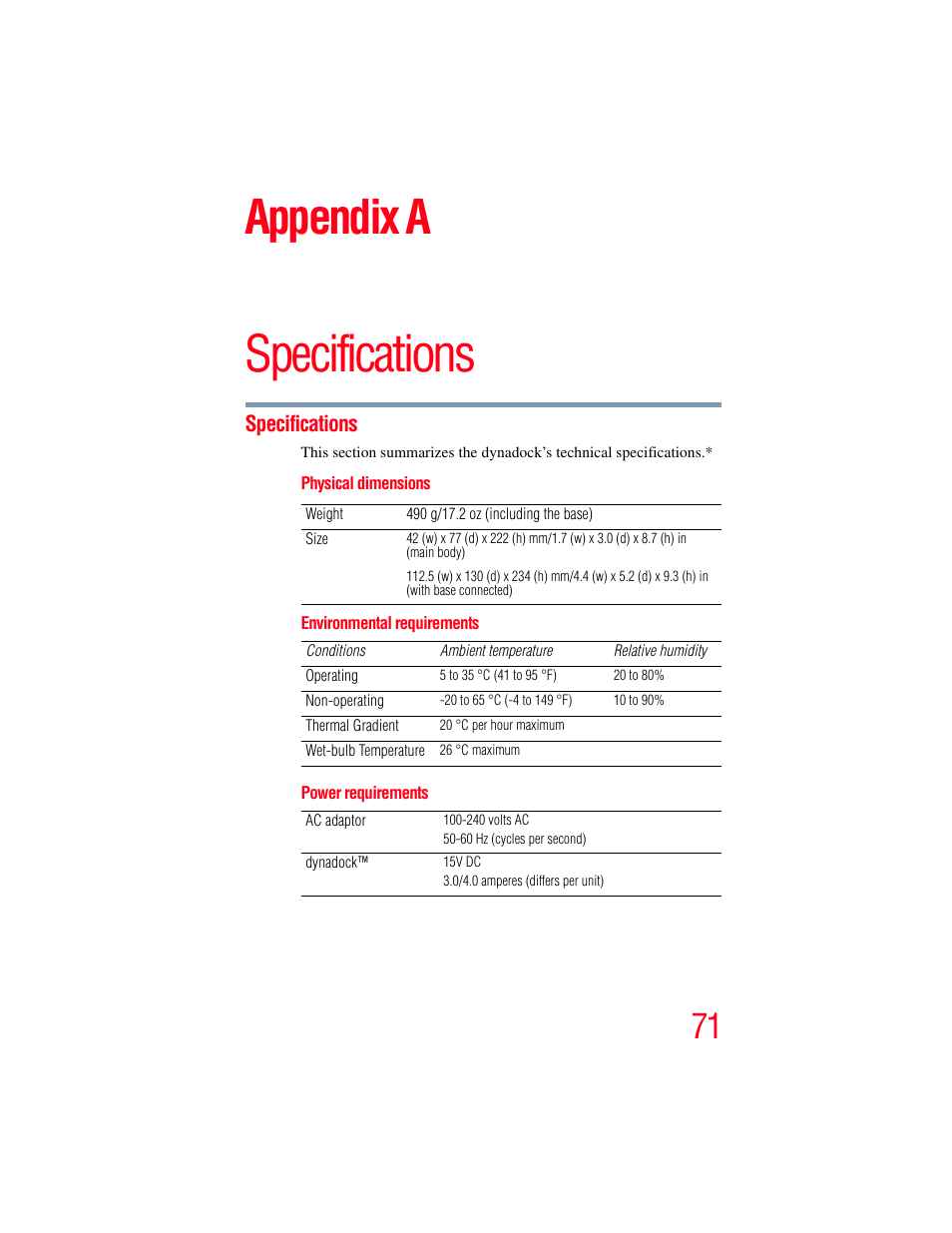 Specifications, Chapter 4: specifications, Appendix a | Toshiba Dynadock Wireless U User Manual | Page 71 / 76