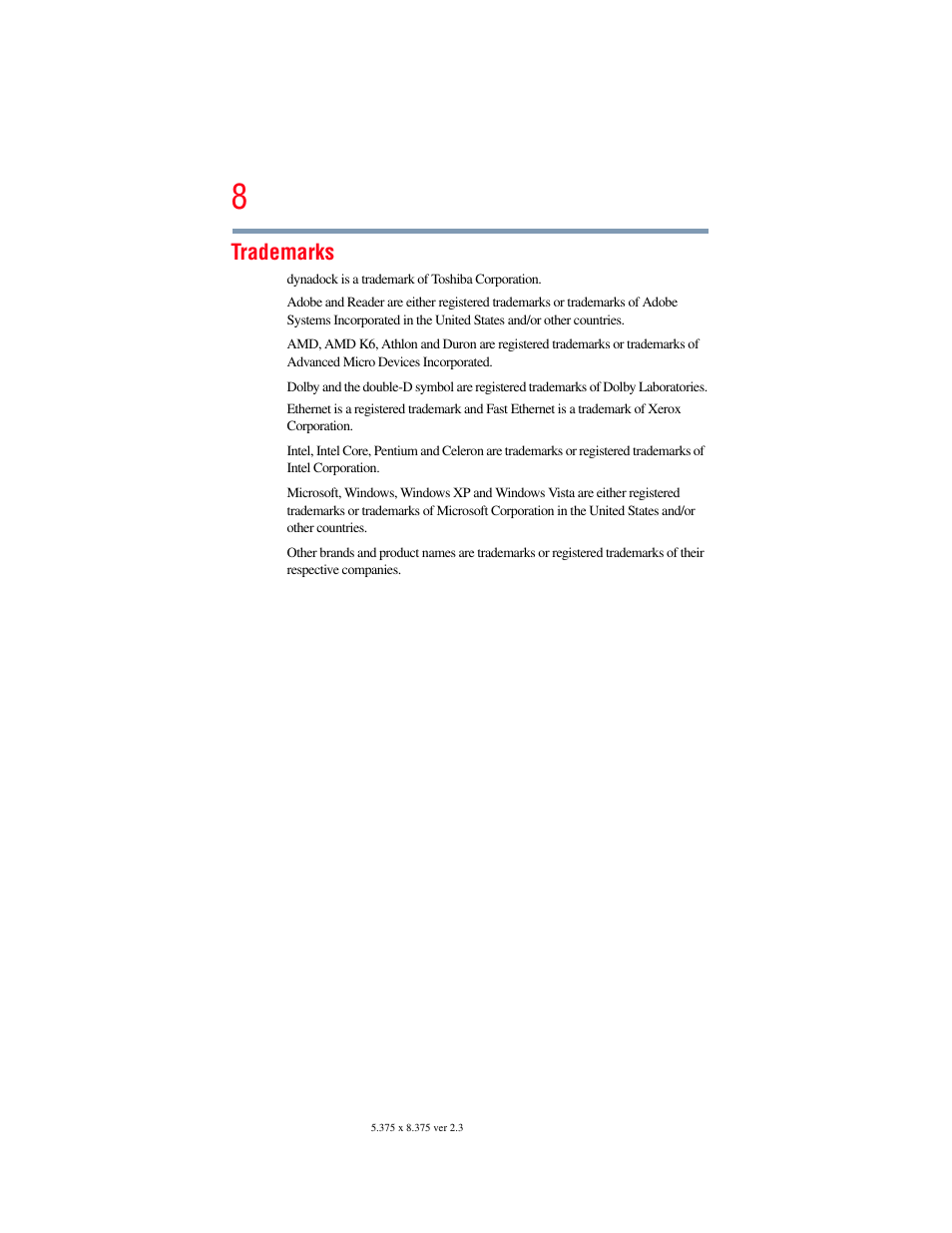 Trademarks | Toshiba Dynadock Wireless U User Manual | Page 8 / 76