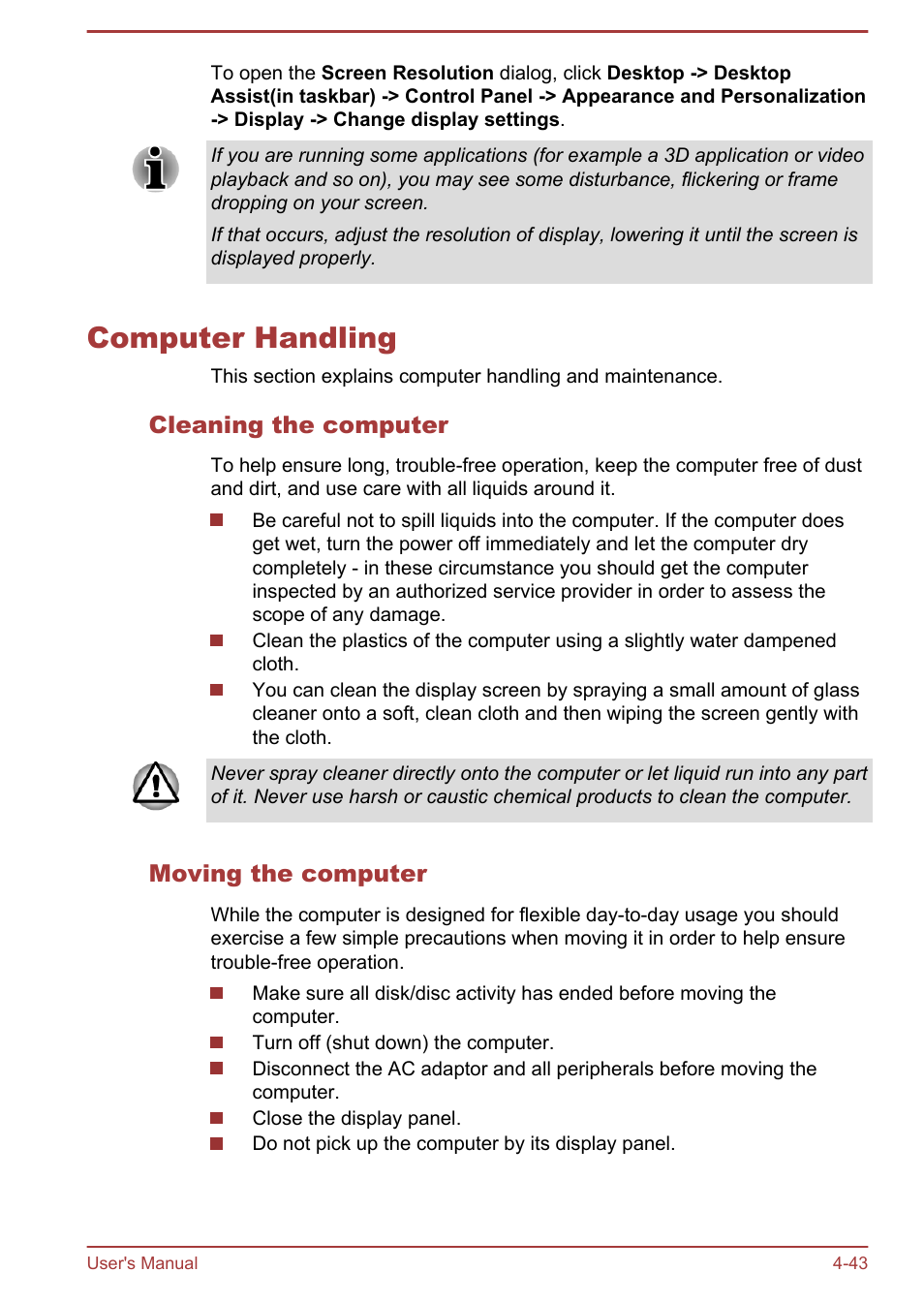 Computer handling, Cleaning the computer, Moving the computer | Computer handling -43 | Toshiba Satellite L830 User Manual | Page 100 / 144